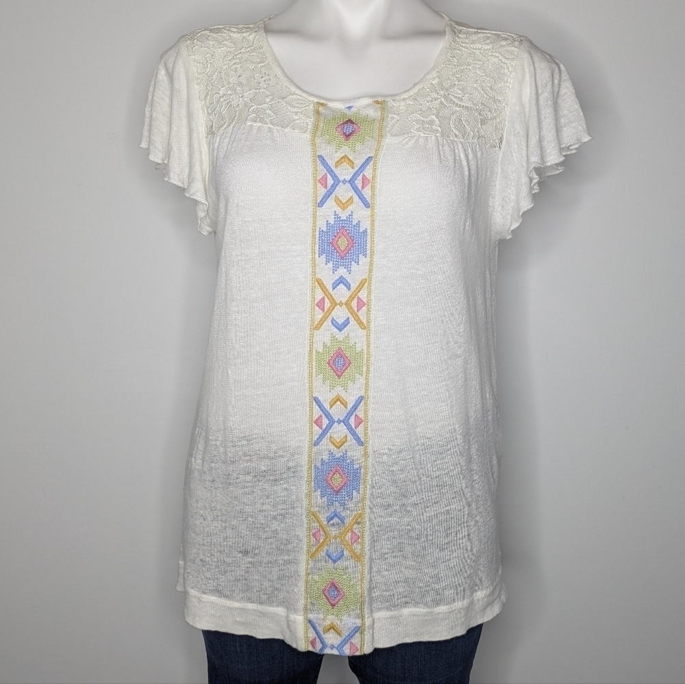 Sundance White Yellow Pink Short Sleeve Linen Top S